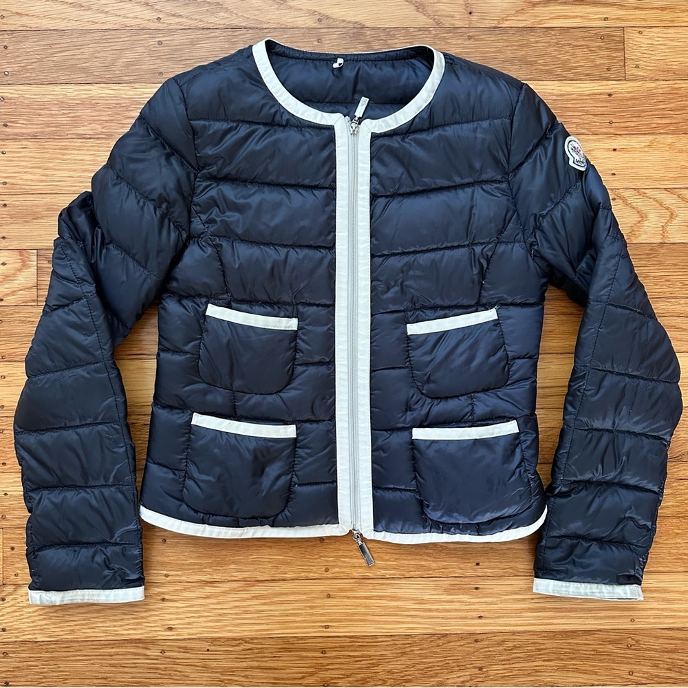 Moncler Kids Down Jacket Navy Blue with White Piping Size 10